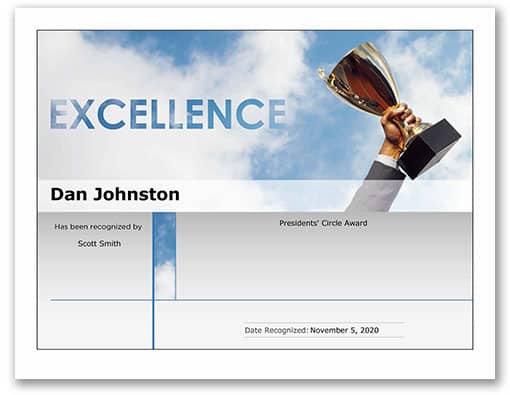 Preview of a certificate template that features a hand holding a trophy in front of a sky