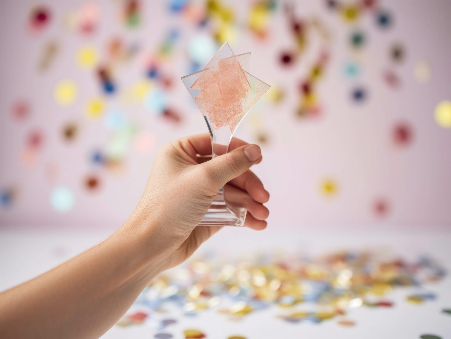 A hand holding a crystal award with a congratulatory message engraved on the front surrounded by confetti and business cards.. AI generation.