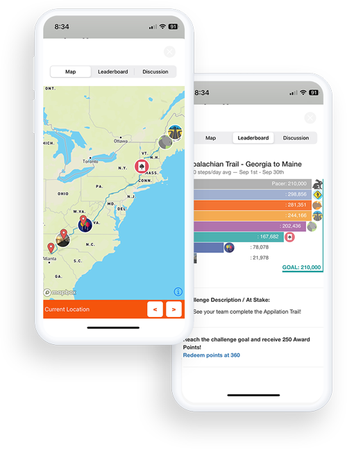 Terryberry's step challenge app includes leaderboards and geographical maps that make step challenges fun, engaging, and encourages more movement.