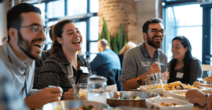 happy employees eating